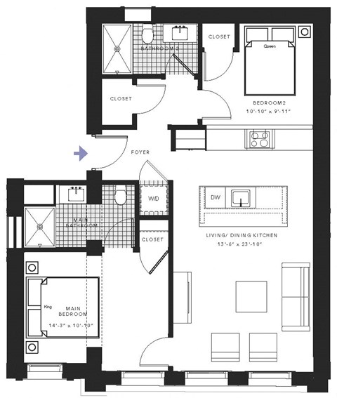 Floor plan for 2 beds, 2 baths, 948 sqft
